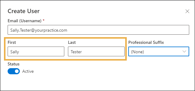 Create User window with yellow highlight box around the First and Last Name fields.